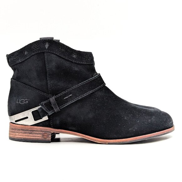UGG Women Austin Black Suede Moto Buckle Biker Ankle Boots size 10 - Picture 9 of 11